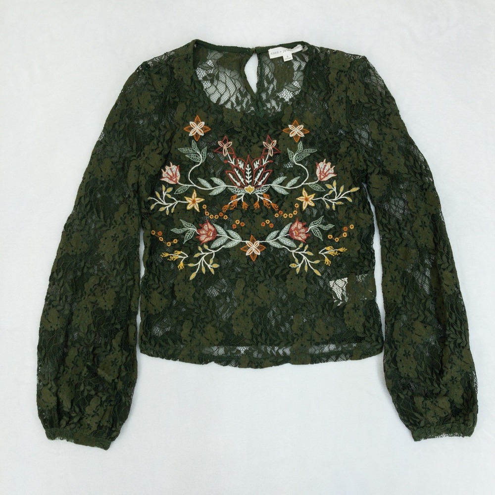 Coco‎ Jaimeson Lace Top Womens S Green Floral Embroidered Mesh Sheer Boho Blouse